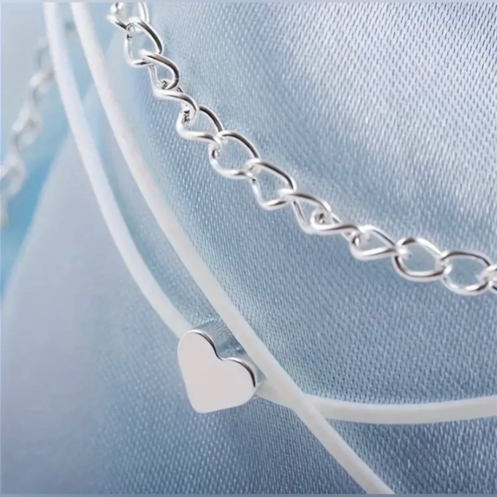 Layered Wrap Around Heart Anklet Silver Tone White NEW - Picture 8 of 8